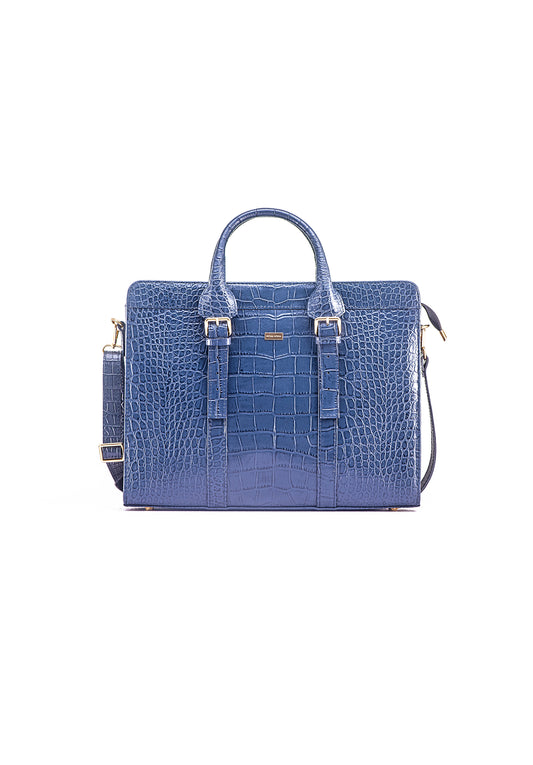 Zusi Blue Leather Briefcase - Croc Skin