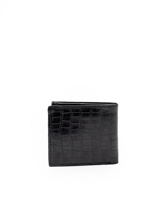 A black bifold wallet with a glossy crocodile-embossed texture