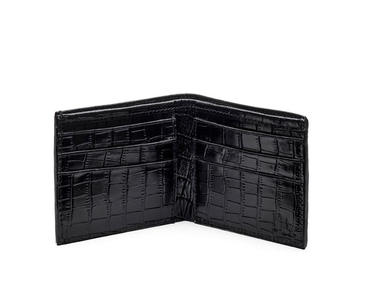 A black bifold wallet with a glossy crocodile-embossed texture