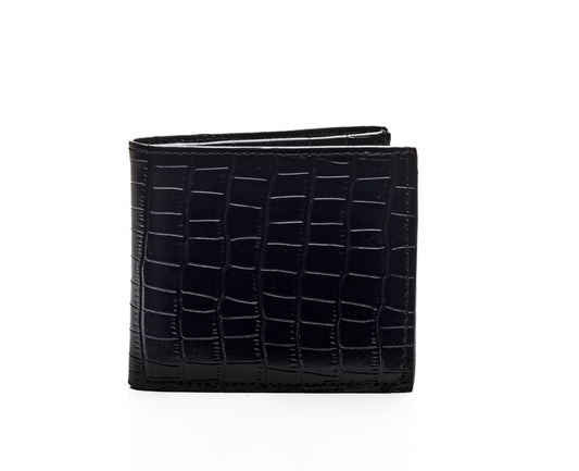 A black bifold wallet with a glossy crocodile-embossed texture