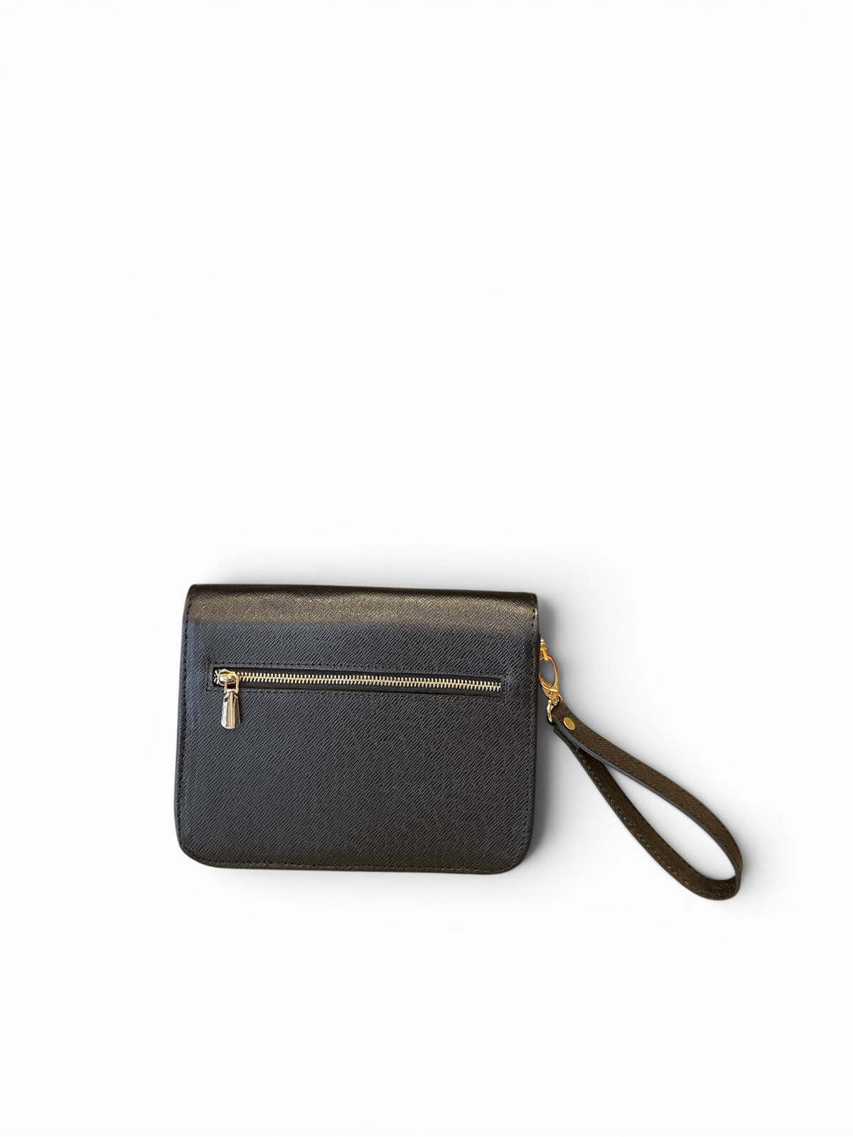 A black textured Detail African man purse with a gold zipper and a matching black wrist strap