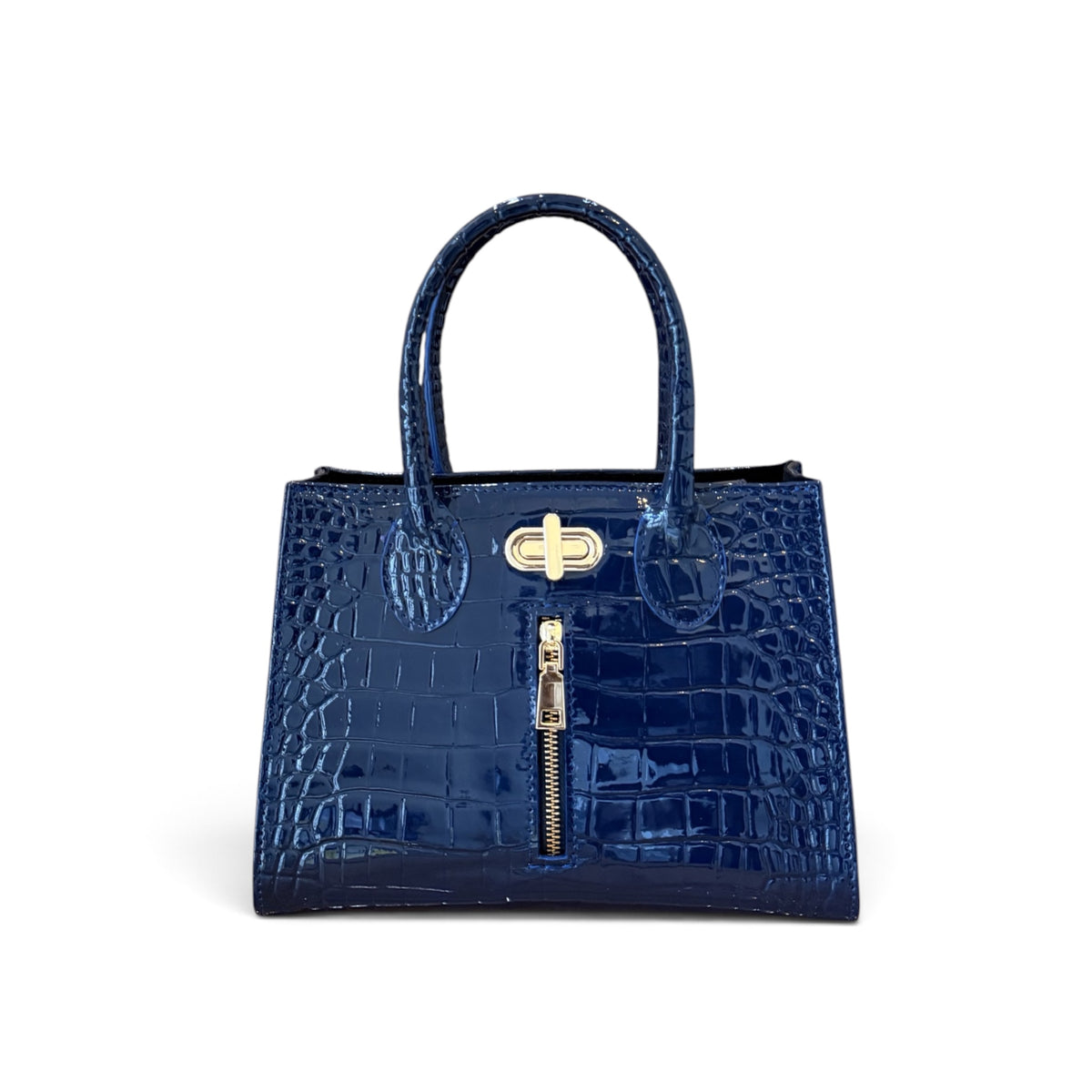 front view of Cleo HandBag blue Croc Skin