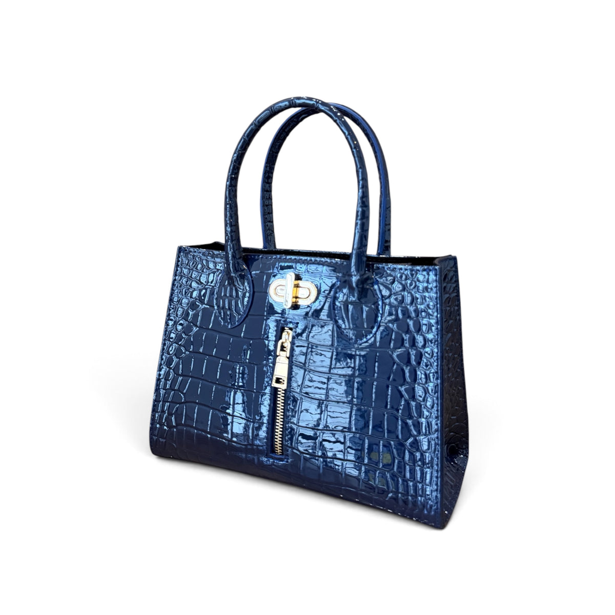 side front view of Cleo HandBag blue Croc Skin