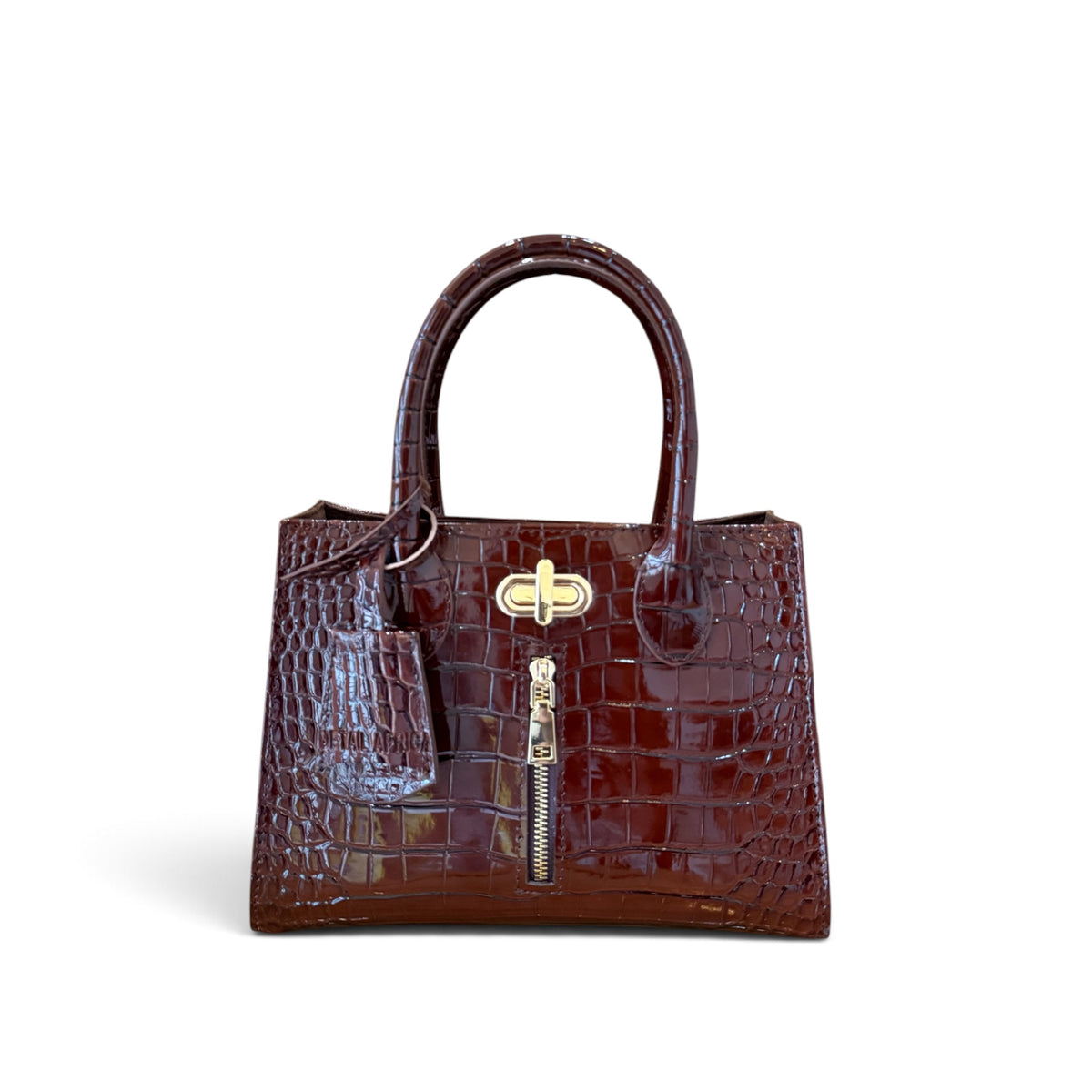 front view of Cleo HandBag wine Croc Skin