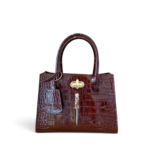 front view of Cleo HandBag wine Croc Skin