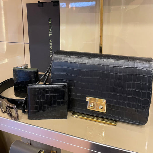 Black croc skin Man purse, wallet, whiskey flask and belt