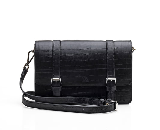Black Midi Cross Body Bag - Exotic Skin