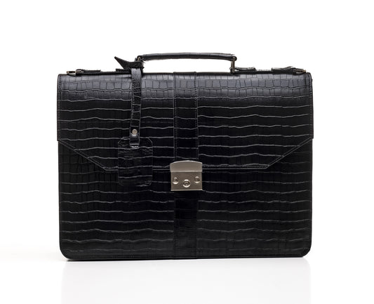 Black Naju Leather Briefcase - Croc Skin