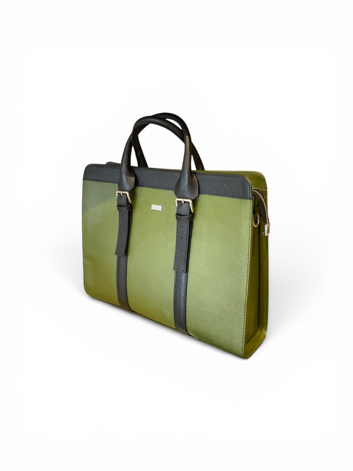 Lemon green leather briefcase with black adjustable strap side view