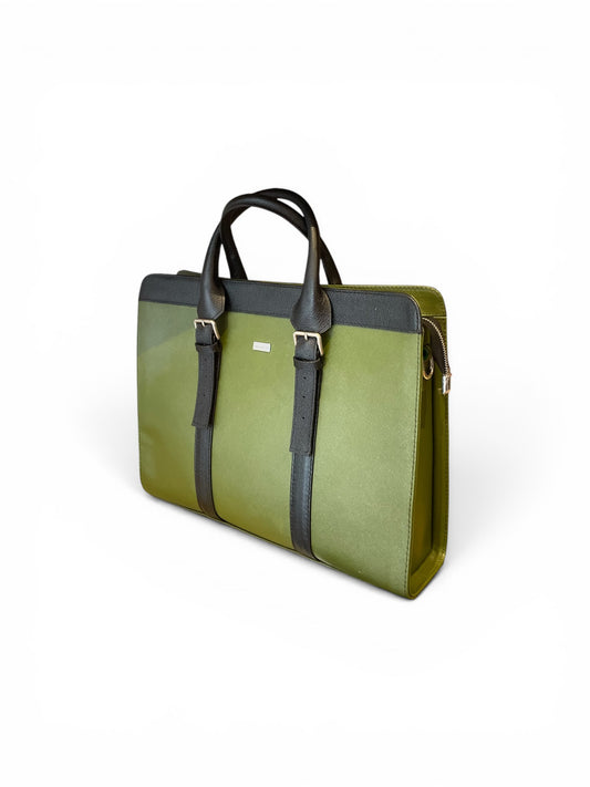 Lemon green leather briefcase with black adjustable strap side view