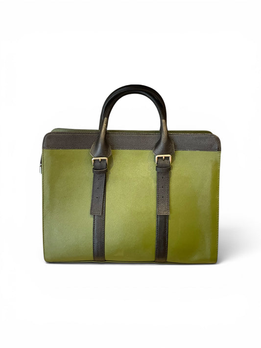Lemon green leather briefcase with black strap front view