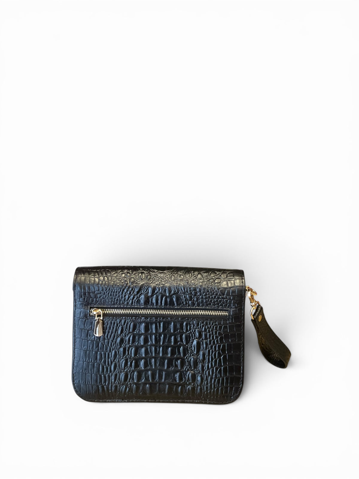 back view crocodile-embossed detail africa leather clutch bag with a gold zipper and a small dark green leather wristlet strap
