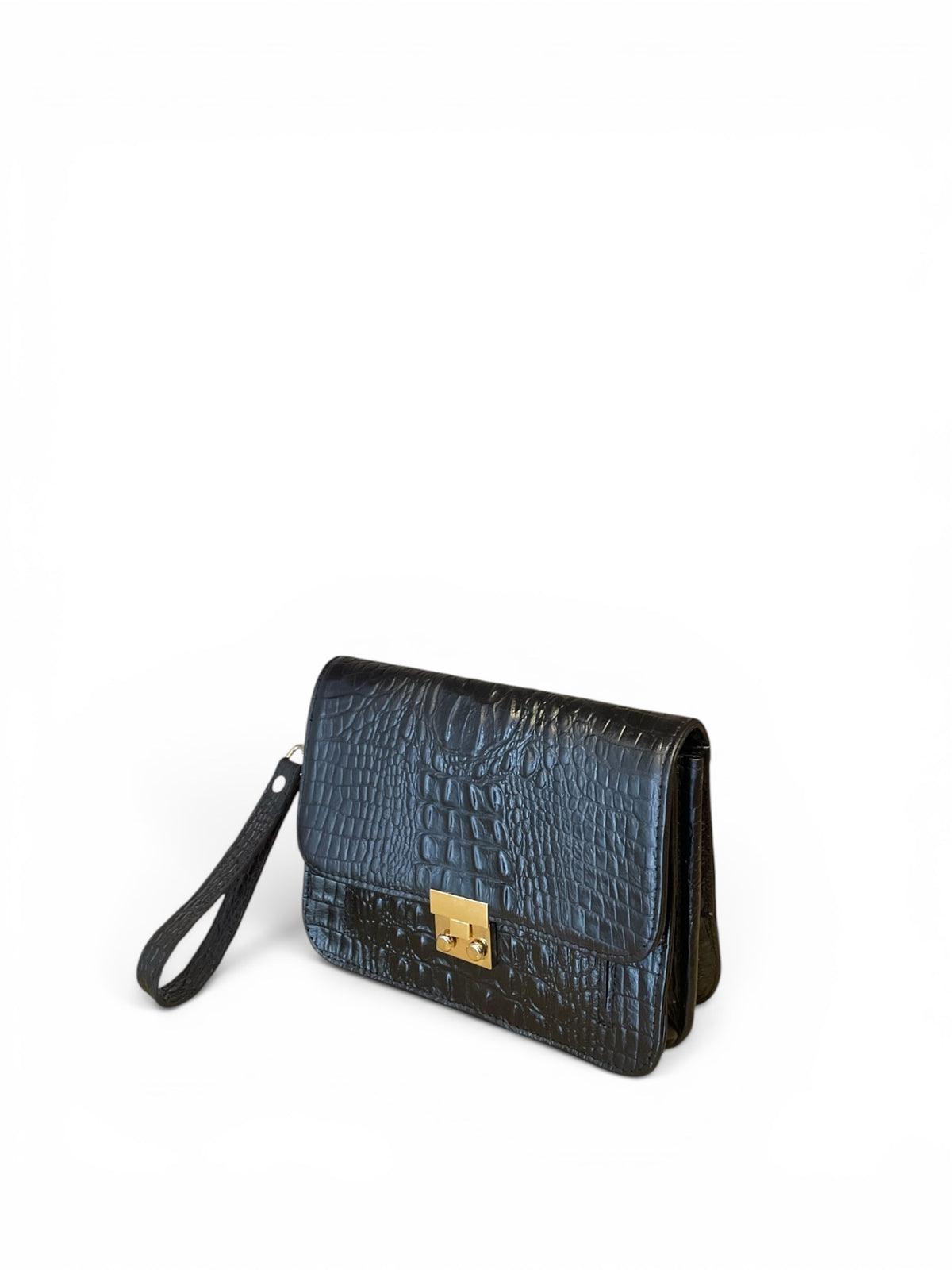 A black crocodile-embossed leather wristlet clutch with a gold-tone turn-lock clasp and a matching black wrist strap