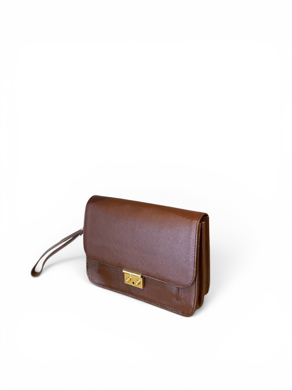 A brown detail africa  leather wristlet clutch with a gold-tone clasp and matching leather wrist strap