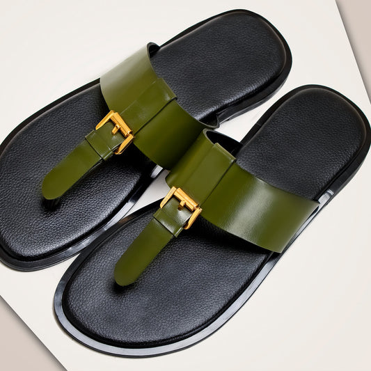 A pair of Detail Africa's RUKI Slipper slide sandals with wide olive green straps and gold-tone buckle details, set against a clean off-white background.