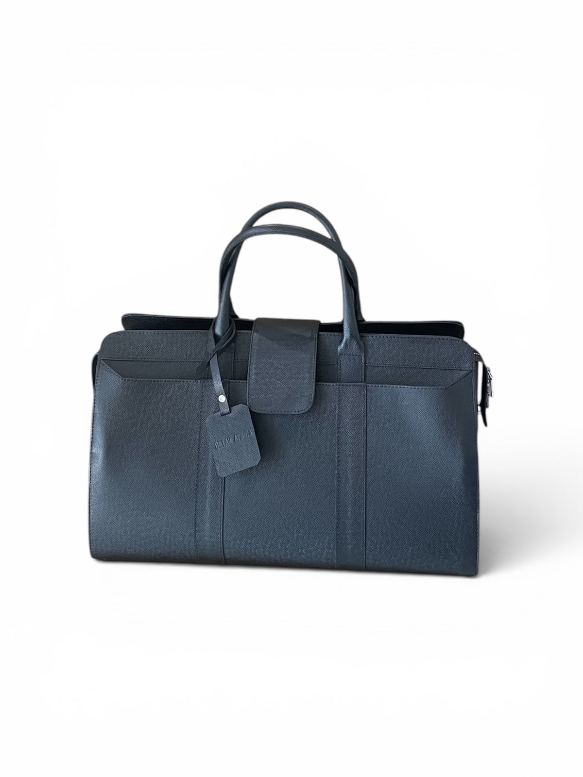 A dark navy blue leather duffel bag with top handles, a front flap pocket, and a hanging leather tag