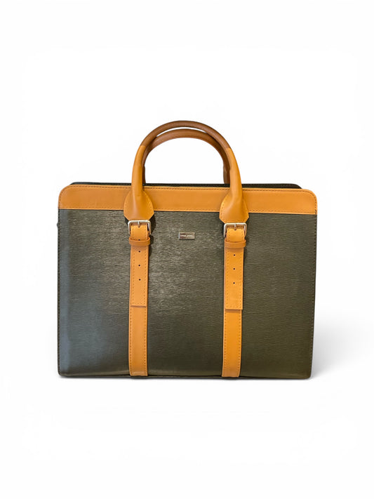 Black leather briefcase showing back zip pocket and tan strap
