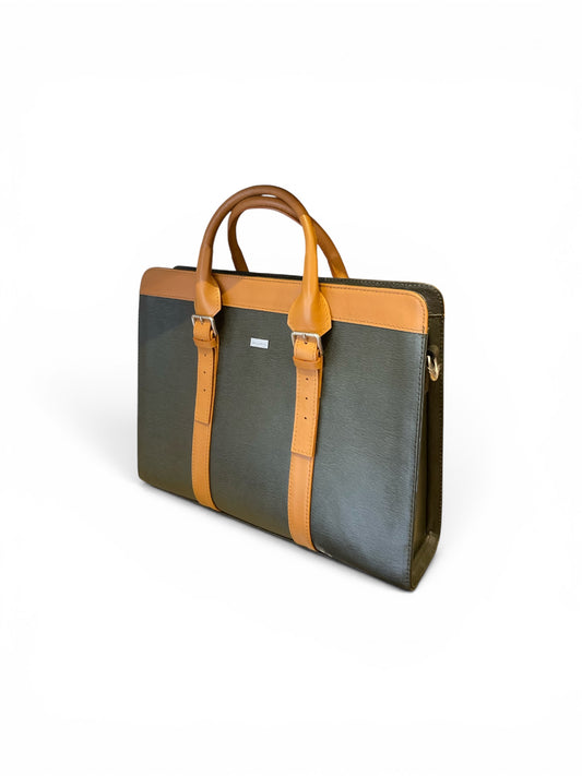 Black leather briefcase with tan adjustable strap, side view