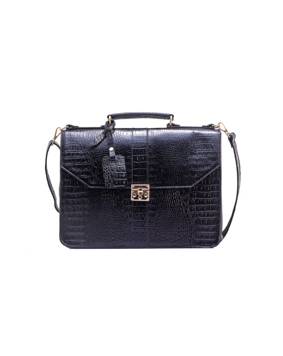 Black Naju Leather Briefcase - Croc Skin